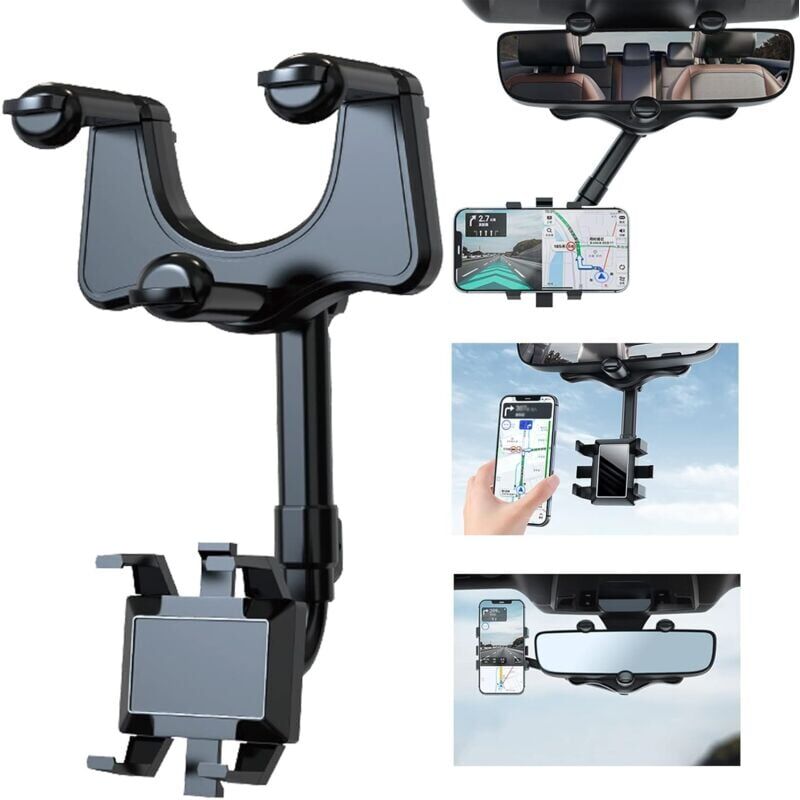 foto del prodotto snq supporto per telefono da auto per specchietto retrovisore, supporto per telefono da auto girevole a 360 e retrattile per tutti gli smartphone