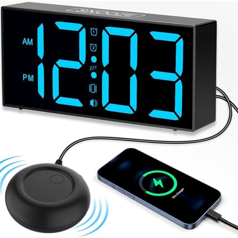 foto del prodotto snq sveglia digitale con vibrazione, sveglia mattutina extra forte, luce led da 7 pollici, sveglia vibrante per sordi e ipoudenti, funzione snooze,
