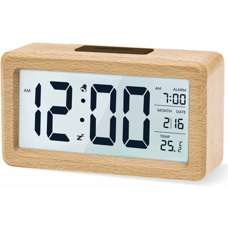 foto del prodotto snq - sveglia digitale, orologio da comodino in legno con ampio display lcd retroilluminato, temperatura, funzione snooze, sensore di luminosità, 3