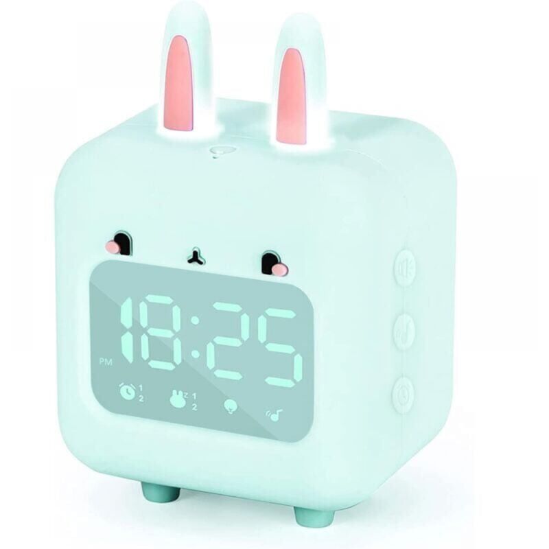 foto del prodotto snq sveglia digitale per bambini verde, coniglio con luce notturna, timer e snooze, orologio da comodino ricaricabile tramite usb per ragazze