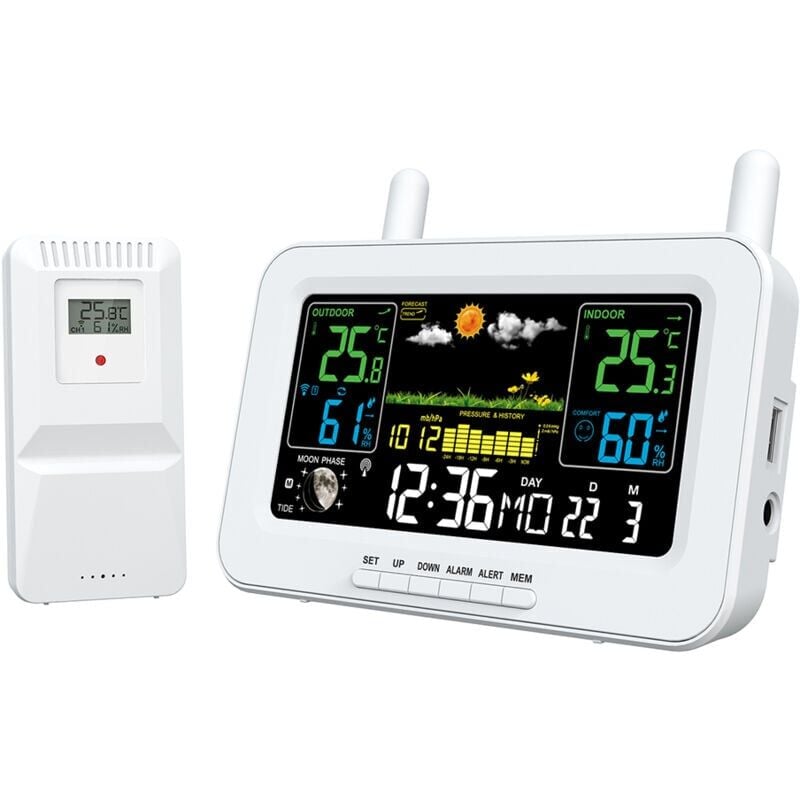 foto del prodotto snq sveglia elettronica lcd con temperatura e umidit interna ed esterna con funzione snooze funzione retroilluminazione, bianco 220 v