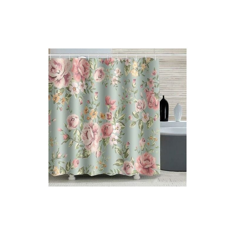 foto del prodotto snq tenda da doccia con fiori di rosa rosa con 12 ganci, tenda in tessuto impermeabile e antimuffa verde per il bagno 180x180cm