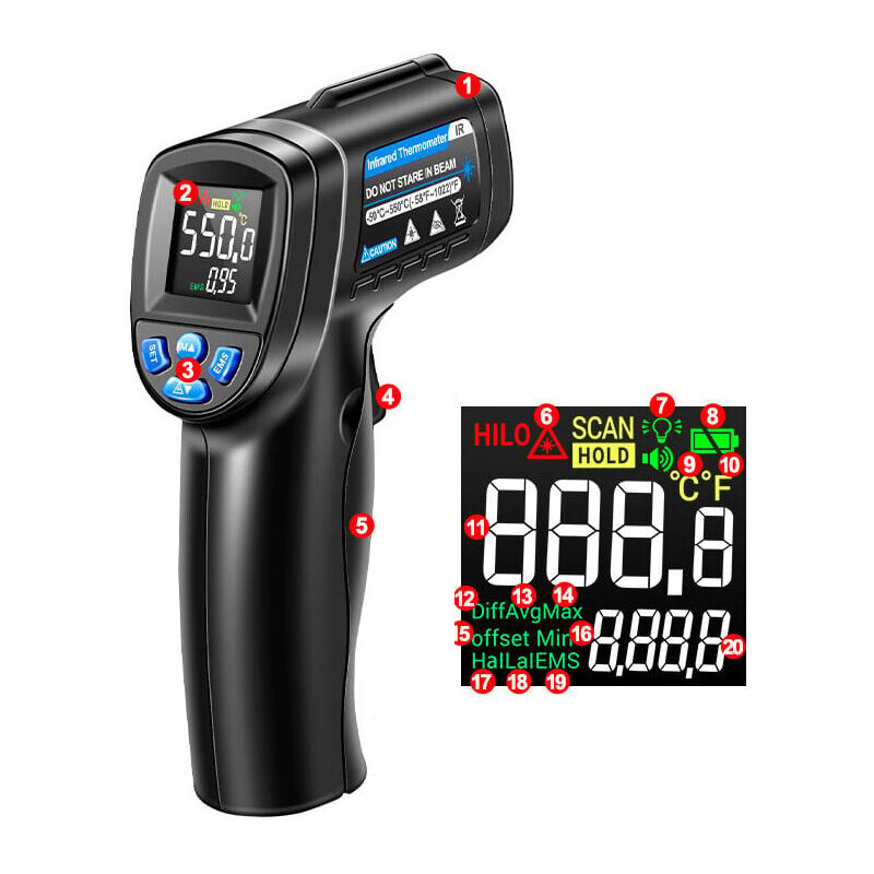 foto del prodotto snq termometro a infrarossi , 50 c 550 c termometro laser senza contatto con display lcd a colori per cucina riparazione pizza industria non per