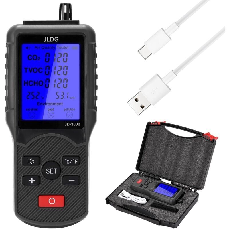 foto del prodotto snq tester di co2 certificato 8 in 1, tester di qualit dell aria, tvoc, hcho, temperatura e umidit , rilevatore di co2 con display lcd