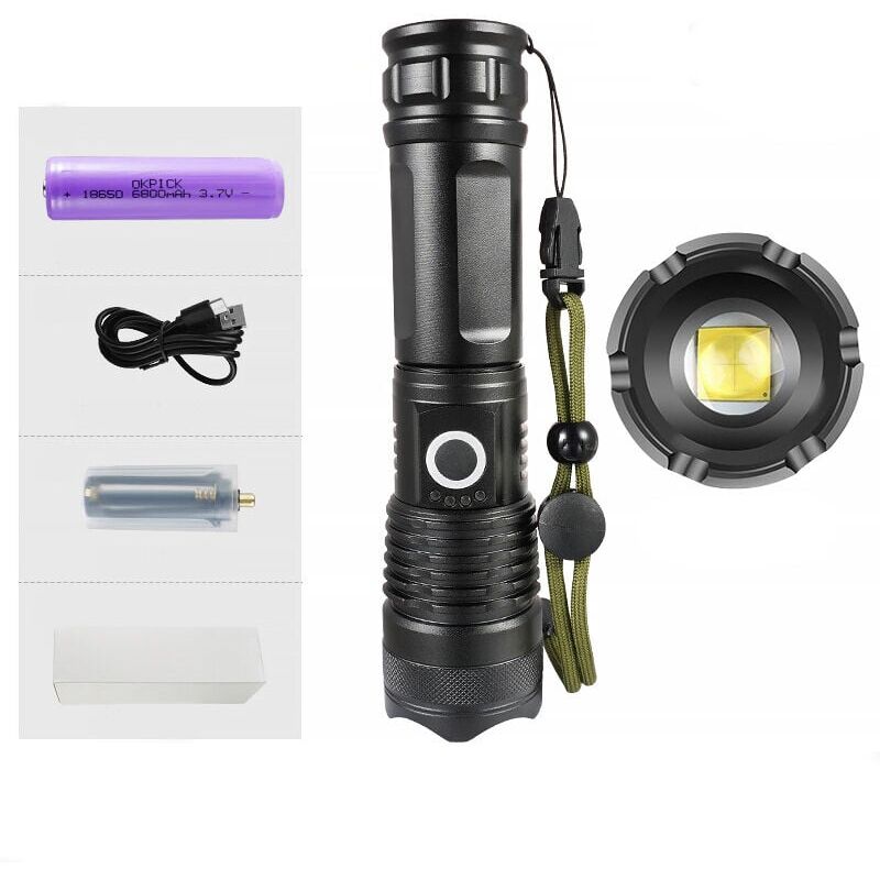 foto del prodotto snq torcia led ultra potente ricaricabile tramite usb, torcia tattica estremamente luminosa, 5 modalit di zoom, torcia impermeabile per campeggio,