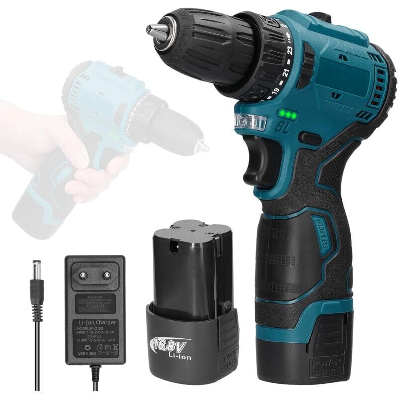 foto del prodotto snq trapano avvitatore a batteria, accessori trapano avvitatore a batteria da 16,8 v con luce led, 2 batterie da 1300 mah, 2 velocit 
