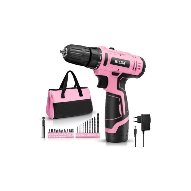 foto del prodotto snq trapano avvitatore a batteria trapano avvitatore a batteria 12v, cacciavite a batteria rosa, 21 accessori, luce led, con adattatore