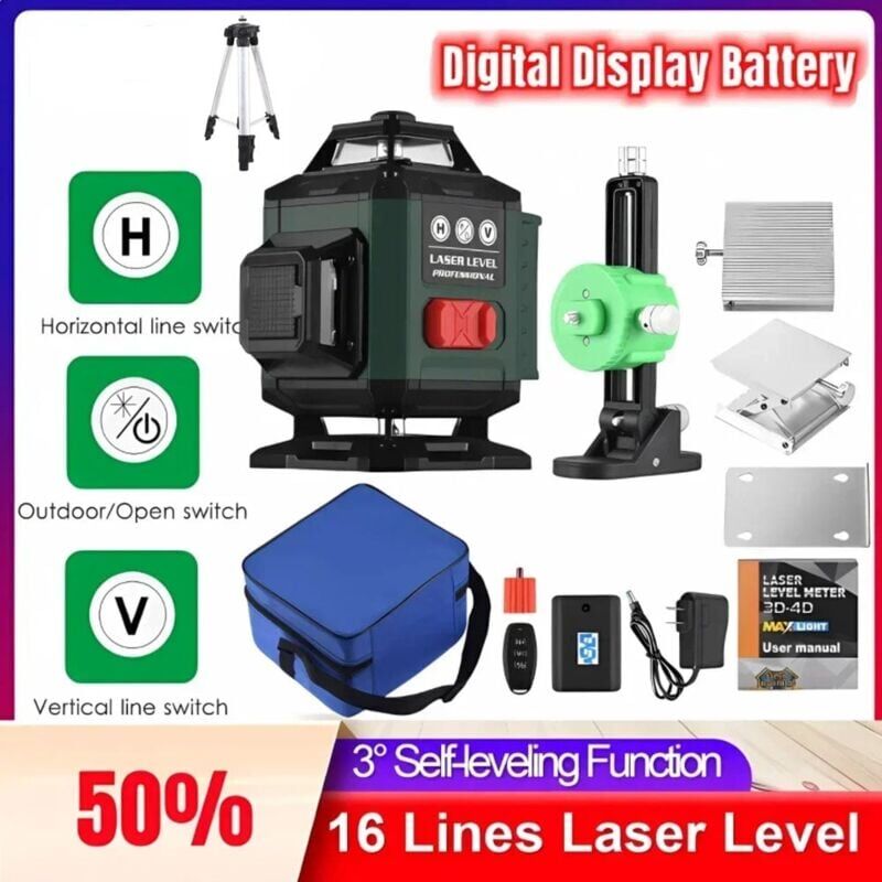 foto del prodotto snq x 360 4d 16 linee autobilancianti verdi rotanti laser strumento verticale orizzontale autolivellante ip54 2 batterie da 1200 mah, con treppiede