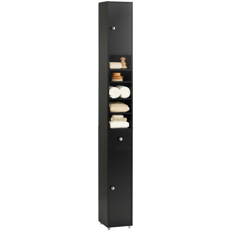 foto del prodotto sobuy armadio colonna bagno, mobile bagno alto con 2 ante e 1 cassetto altezza 180 cm nero bzr34 sch