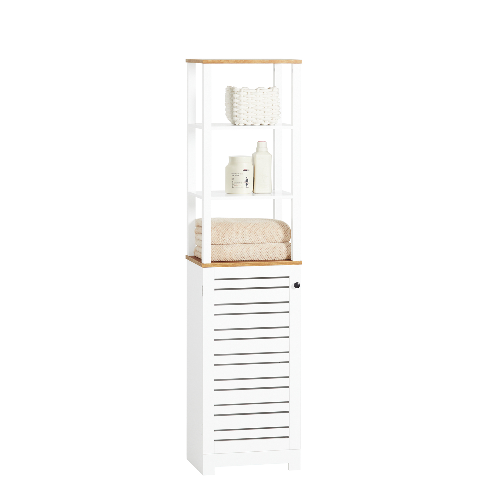 foto del prodotto sobuy bzr43-w bagno armadio alto armadio da bagno mensola da bagno armadio da bagno con 3 scomparti aperti e doghe porta mobili da bagno