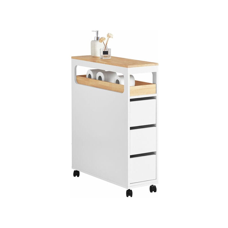 foto del prodotto sobuy carrellino salvaspazio con 3 cassetti carrello cucina organizzatore bagno mobiletto bagno colore bianco e naturale bzr54 w