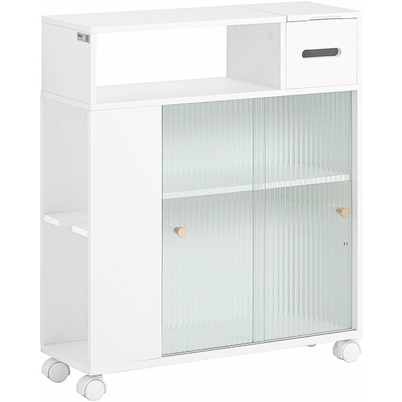 foto del prodotto sobuy carrellino salvaspazio con due ante scorrevoli in vetro mensola nicchia 20cm con ruote mobile bagno porta carta bianco 20x60x71cm bzr117 w