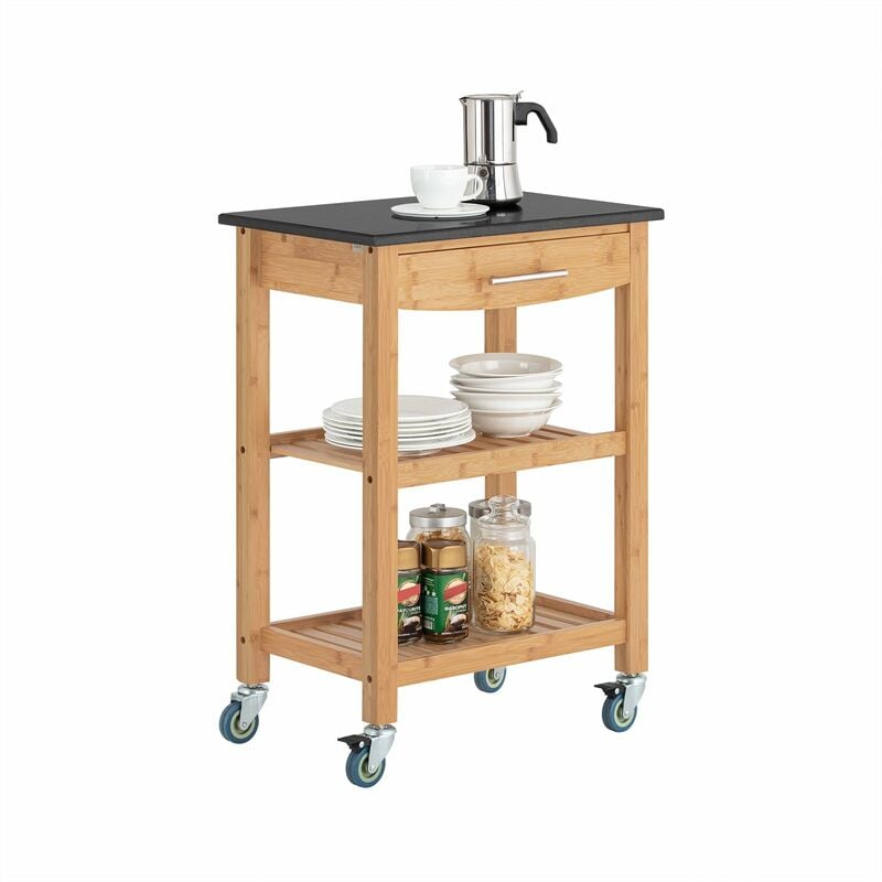 foto del prodotto sobuy carrello cucina carrello di servizio scaffale bamb e piano in granito nero fkw28 sch