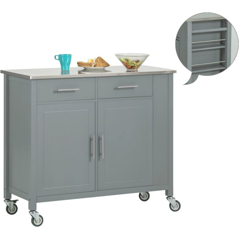 foto del prodotto sobuy carrello da cucina con piano in acciaio inox isola da cucina con ripiano laterale credenza con ruote grigio, fkw108 hg