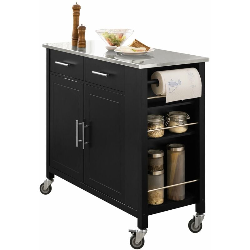 foto del prodotto sobuy carrello da cucina con piano in acciaio inox isola da cucina con ripiano laterale credenza con ruote nero, fkw108 sch