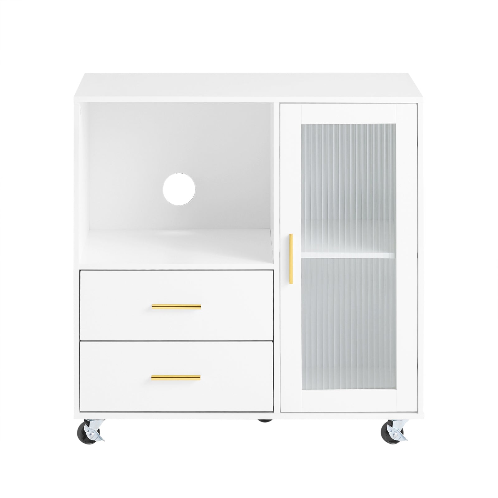 foto del prodotto sobuy cassettiera da ufficio con ruote, supporto stampante, organizer da scrivania, mobiletto contenitore con 2 cassetti e 1 anta in vetro, bianco 75x40x76 cm ask09 w