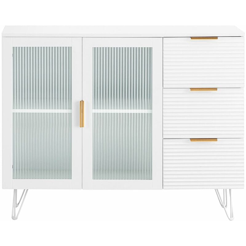 foto del prodotto sobuy credenza cucina mobile cucina bianco con 2 ante in vetro e 3 cassetti 108x40x85cm fsb86 w