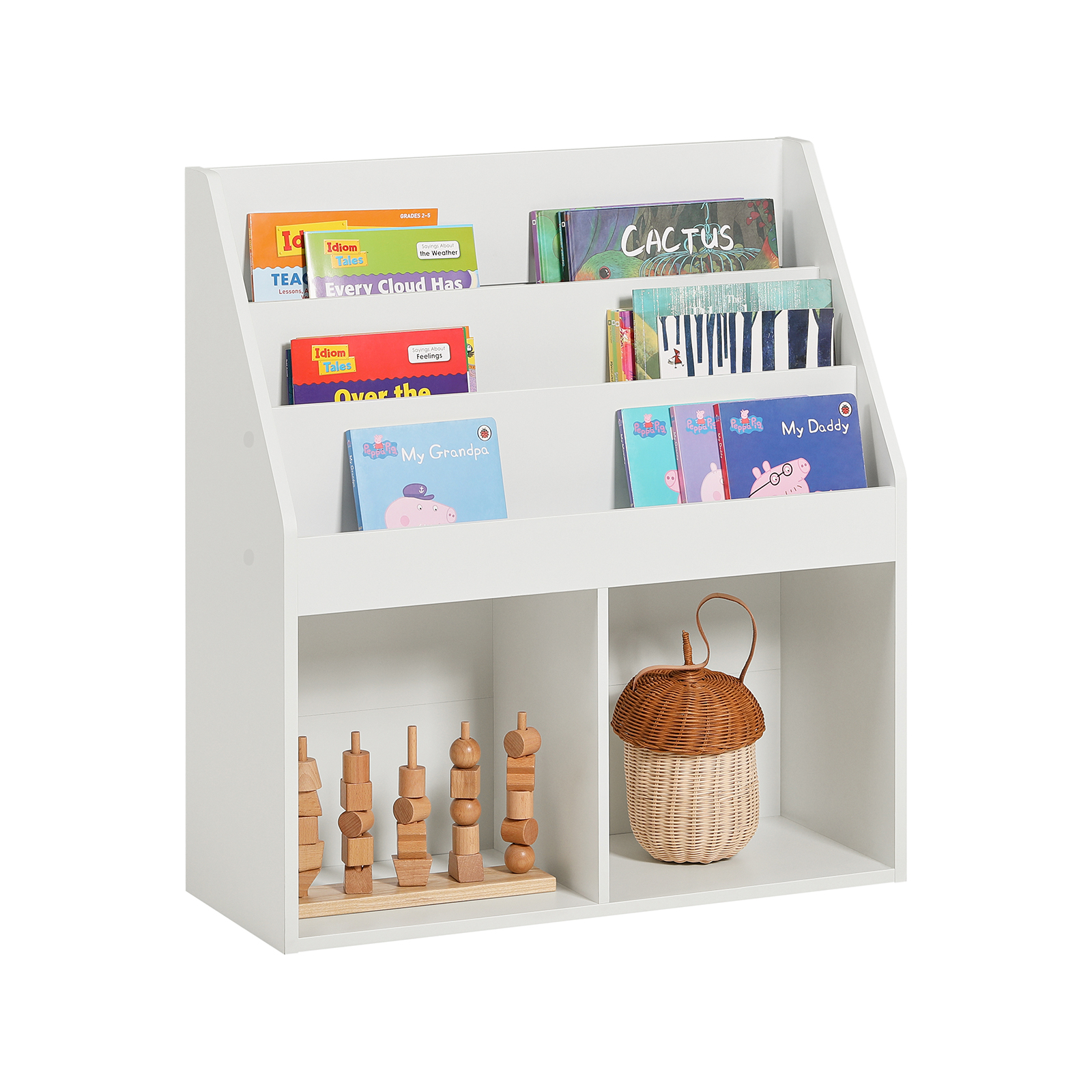 foto del prodotto sobuy kmb01-w scaffale per bambini con 3 scomparti portaoggetti e 2 scomparti aperti scaffale per giornali bianco