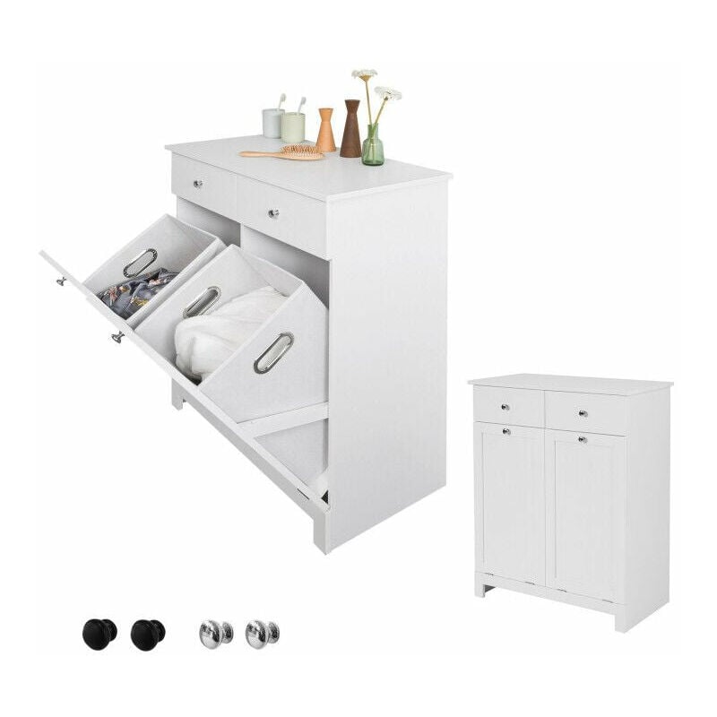 foto del prodotto sobuy mobile bagno con portabiancheria con 2 cesti portabiancheria e 2 cassetti bianco bzr33 w