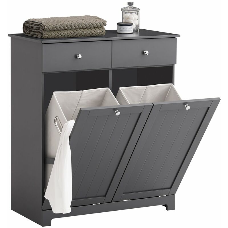 foto del prodotto sobuy mobile bagno con portabiancheria con 2 cesti portabiancheria e 2 cassetti grigio bzr33 dg