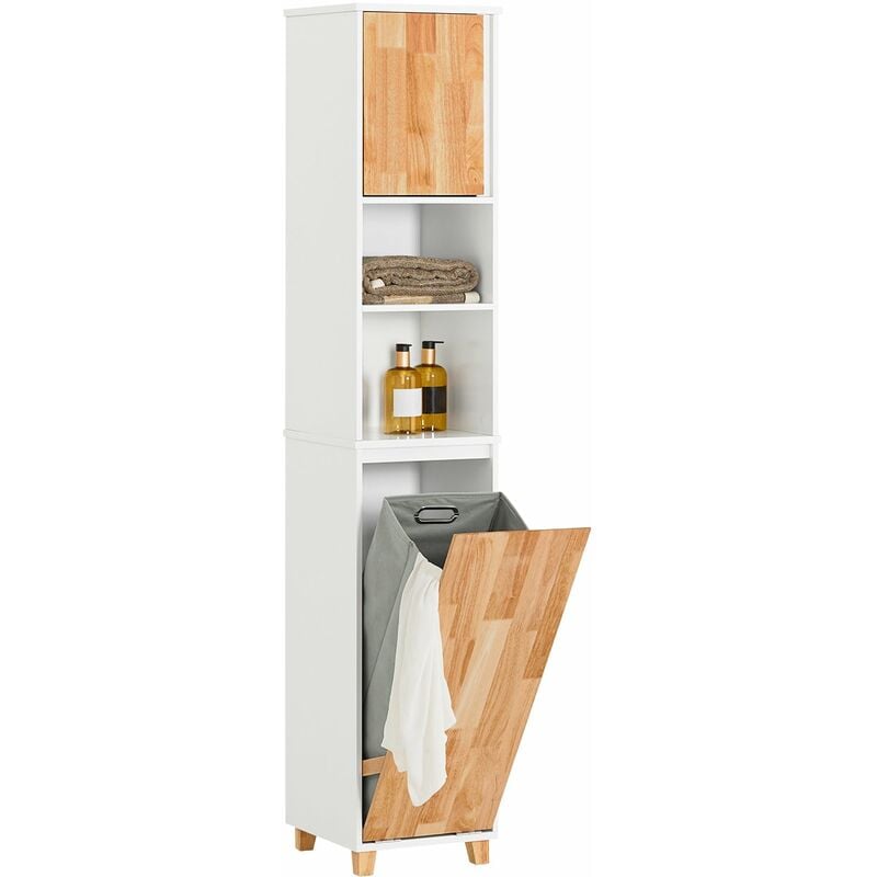 foto del prodotto sobuy mobile colonna bagno con portabiancheria e mobiletto stretto salvaspazio ad anta singola. colore bianco naturale l31a170p32 cm bzr74 w
