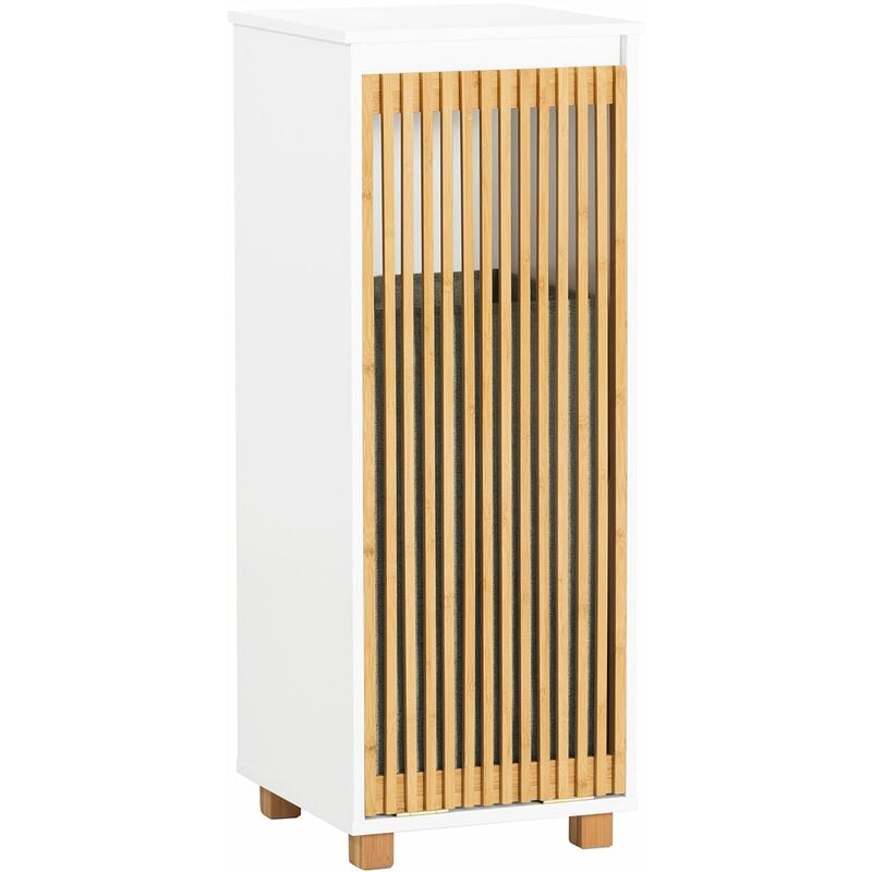 foto del prodotto sobuy mobile lavanderia con sacco portabiancheria pieghevole cassettiera portabiancheria mobiletto bagno bianco naturale, 32x33x85cm bzr126 w