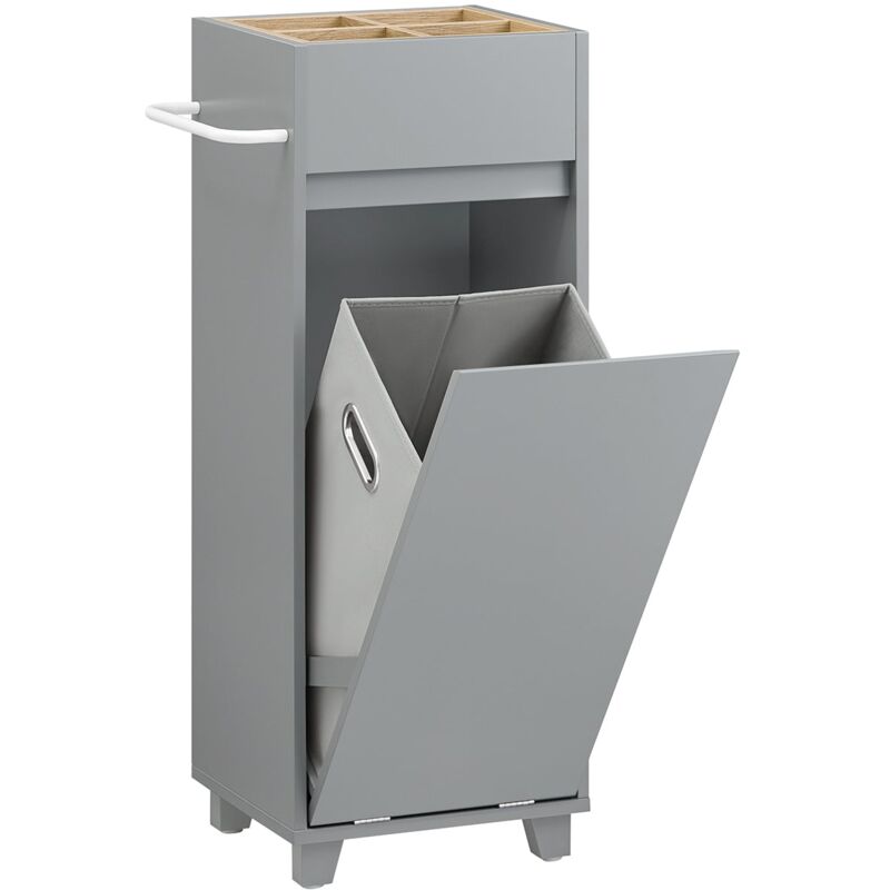 foto del prodotto sobuy mobile porta biancheria per bagno portabiancheria con 4 piccoli vani aperti e 1 cesto biancheria sporca l35p30a90cm grigio bzr159 dg