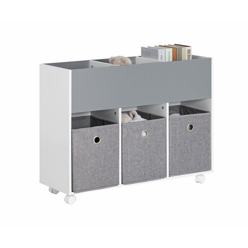 foto del prodotto sobuy scaffale per bambini con 3 scatole in tessuto libreria scaffale per con ruote scaffale portaoggetti organizer per giocattoli grigio chiaro