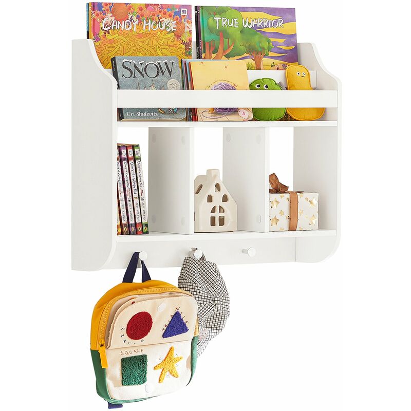 foto del prodotto sobuy scaffale per bambini scaffale a muro con 3 ganci armadio con ripiani per libri e decorazioni bianco 60x18x51cm kmb46 w