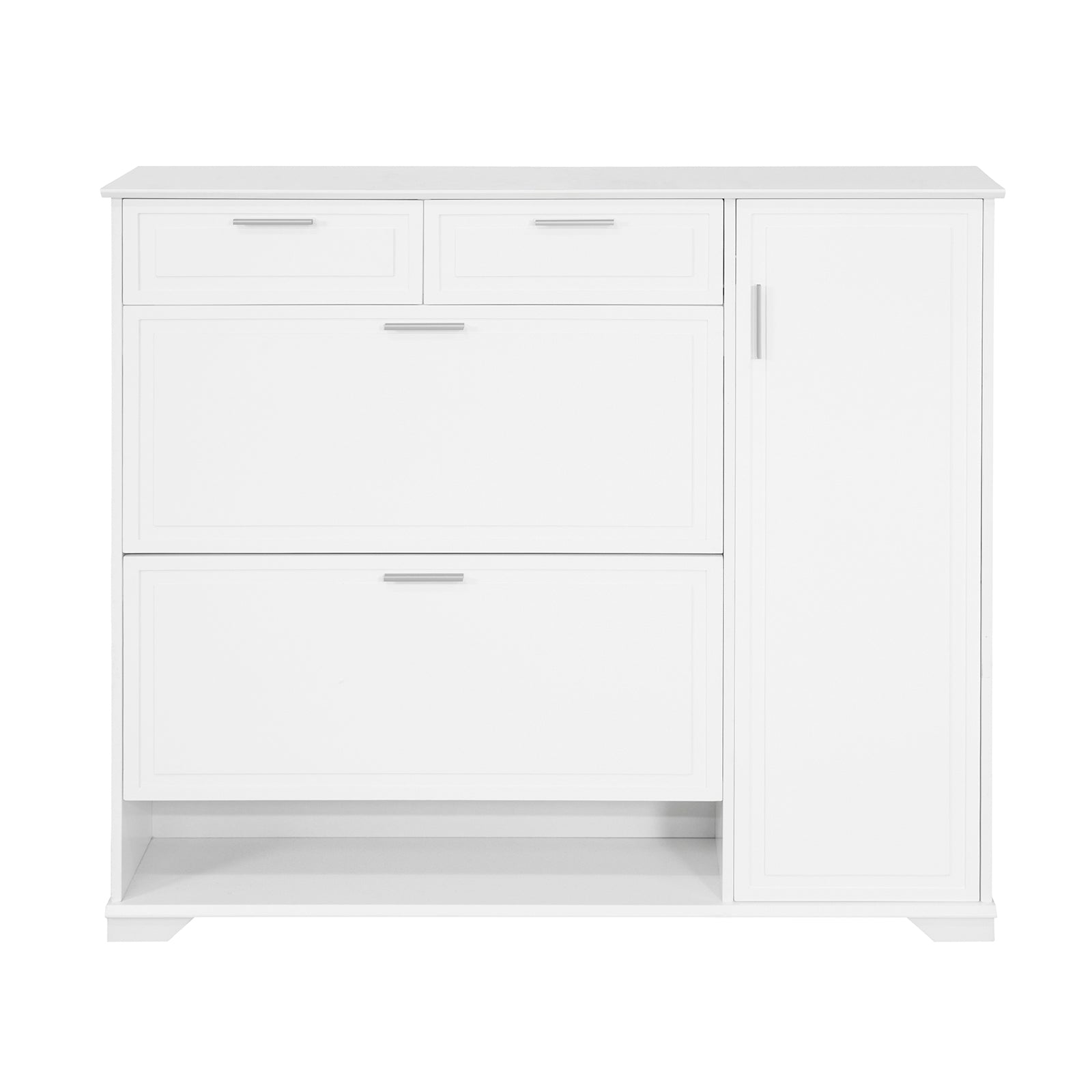 foto del prodotto sobuy scarpiera con 2 ribalte, 1 vano a giorno e 1 anta, scarpiera stretta con cassetti, bianco, 120x26x111 cm fsr104 w
