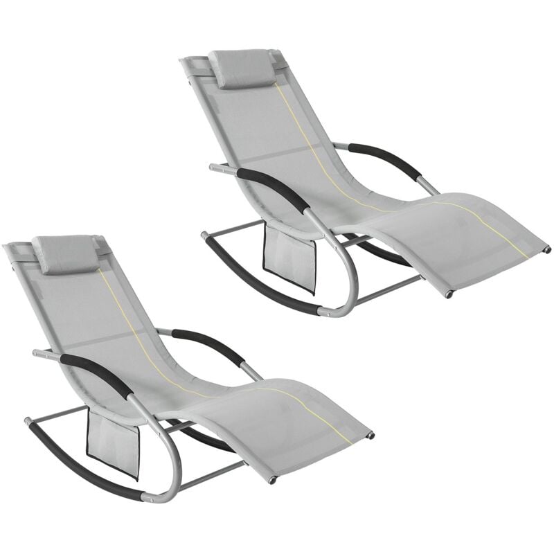 foto del prodotto sobuy set di 2 sedie a dondolo da esterno poltrone sedie sdraio da giardino con cuscino e poggiatesta portata fino a 150 kg grigio 150x63x87 cm