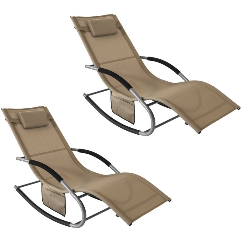 foto del prodotto sobuy set di 2 sedie a dondolo da esterno poltrone sedie sdraio da giardino con cuscino e poggiatesta portata fino a 150 kg marrone 150x63x87 cm
