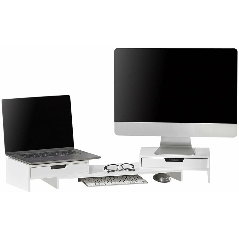foto del prodotto sobuy supporto monitor pc da scrivania per 2 monitors angoli girevole con 2 organizzatore cassetti supporto per monitor di bamb bianco bbf04 w