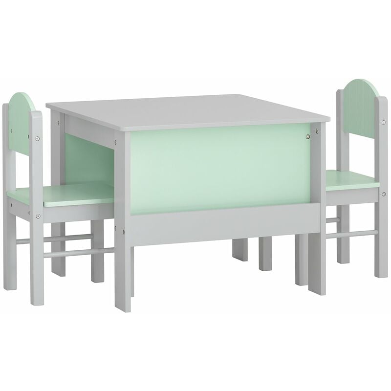 foto del prodotto sobuy tavolo per bambini con 2 sedie, set tavolo e 2 sedie per bambini, scrivania per bambini con 2 ripiani laterali per libri grigio chiaro e
