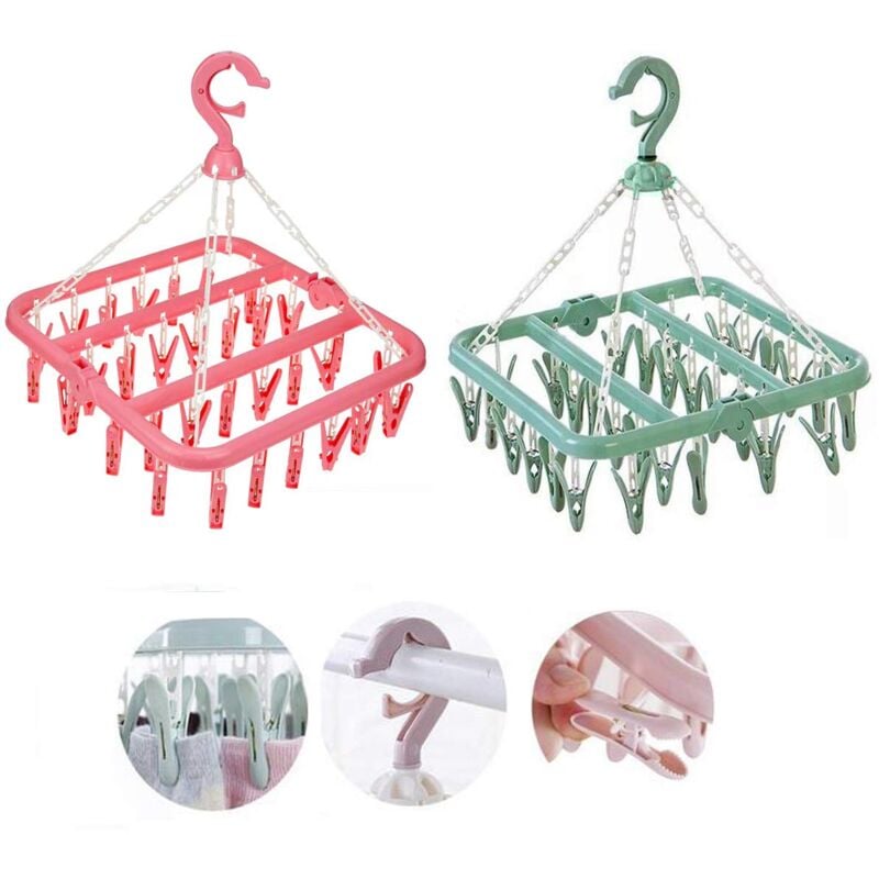 foto del prodotto sock drying rack, 2pcs hanging clothes drying rack clips portable plastic drying rack with 32 clips for socks underwear clothes towels pink,green 