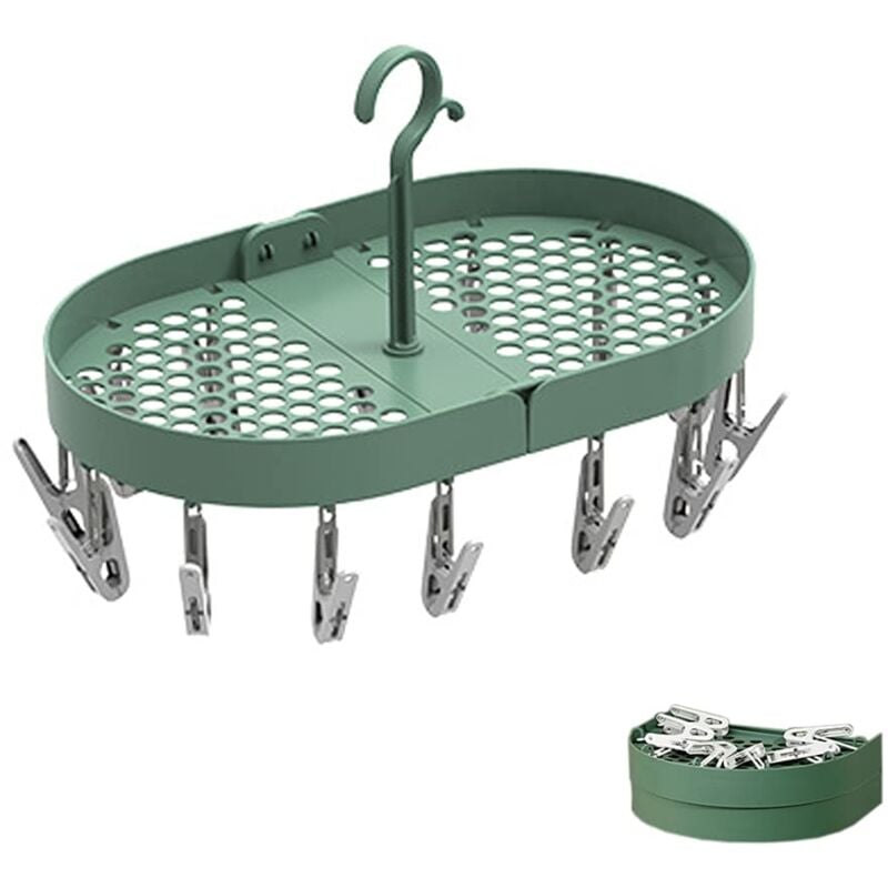 foto del prodotto sock drying rack, hanging clothes drying rack, foldable, multifunctional, with 360 swivel hook and 14 clothes pegs, for lingerie, socks, towels