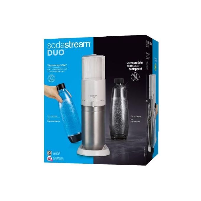foto del prodotto sodastream gasatore d'acqua duo bianco 1 bottiglia di plastica 1 bottiglia di vetro 1 cilindro co2