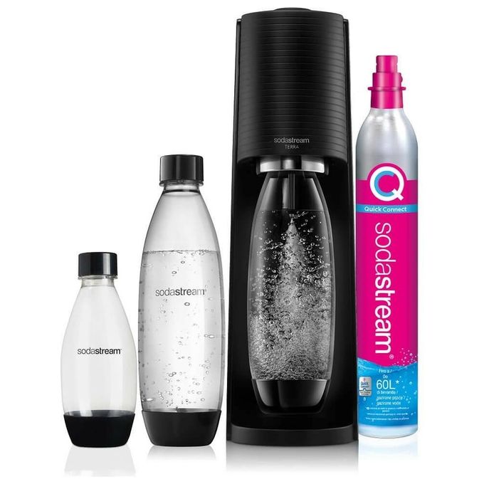 foto del prodotto sodastream megapack terra gasatore d acqua nero 2 bottiglie da 1 litro 1 bottiglia da 0,5 litro 1 cilindro co2