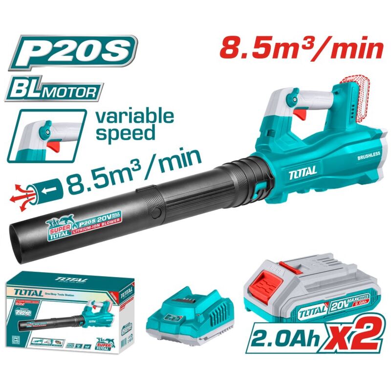foto del prodotto soffiatore a batteria 20v brushless 8,5m3 min 2 batterie 2ah caricatore total