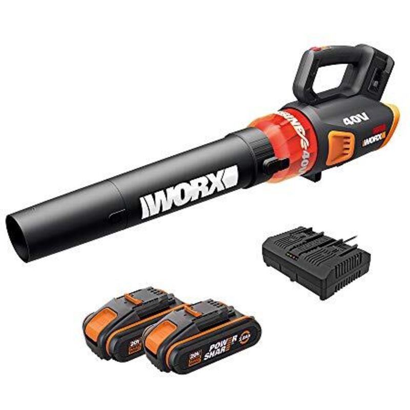 foto del prodotto soffiatore a batteria worx wg584e con 2 batterie 2.0 ah e caricabatteria doppio