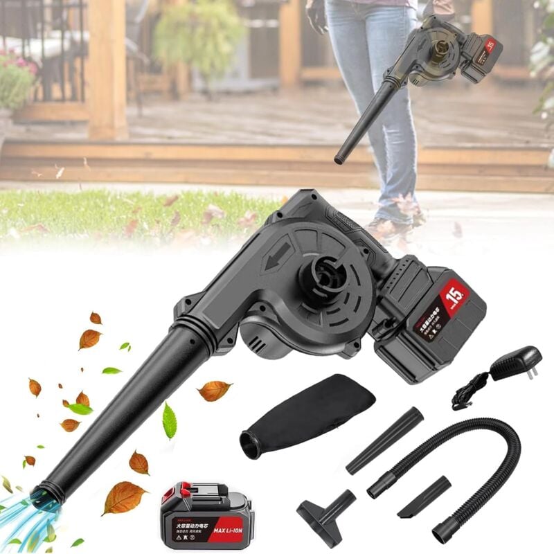 foto del prodotto soffiatore per foglie 21v750w, soffiatore e aspiratore 2 in 1, soffiatore per foglie turbocompresso senza fili con sacco di raccolta, batterie e