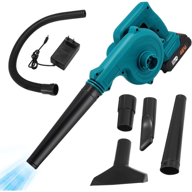 foto del prodotto soffiatore per foglie con batteria e caricabatteria, aspirapolvere elettrico senza fili da 21 v, 23.000 giri min, 350 km h, adatto per la pulizia di