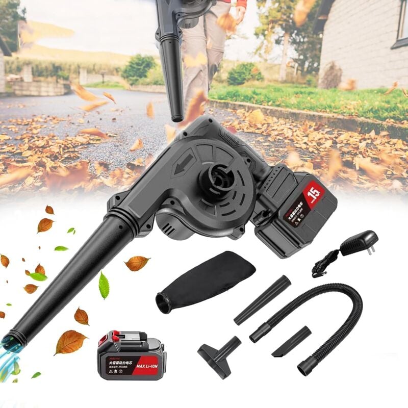 foto del prodotto soffiatore per foglie da 750 w, soffiatore e aspiratore 2 in 1, turbocompressore senza fili, con sacco di raccolta, batterie e caricabatterie per