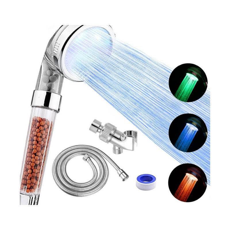 foto del prodotto soffione doccia a led con doccetta, soffione doccia ad alta pressione con tubo flessibile, supporto e nastro ptfe ecc., 3 soffioni doccia filtrati a