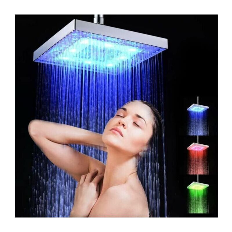 foto del prodotto soffione doccia a pioggia quadrato, sensore di temperatura di colore rgb led caldo soffione doccia automatico comodo e pratico