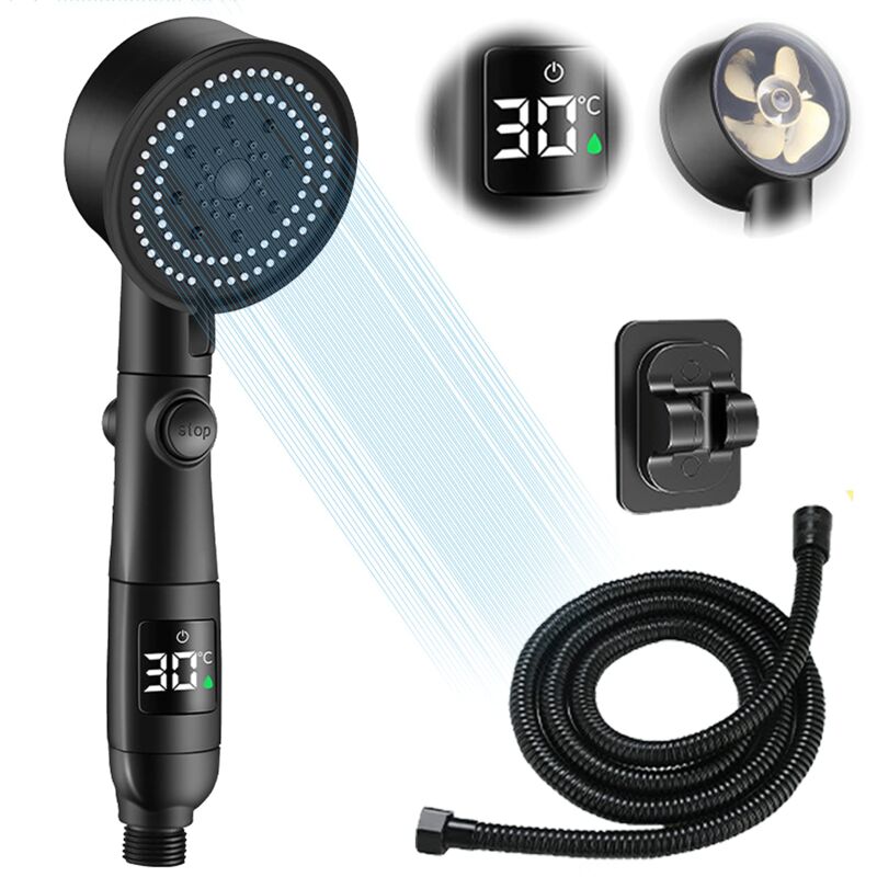 foto del prodotto soffione doccia a risparmio idrico con display della temperatura, soffione doccia ad alta pressione con tubo da 2 m, 5 modalit , soffione doccia con