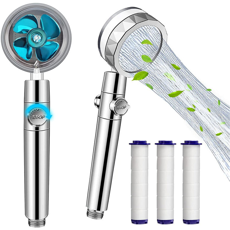 foto del prodotto soffione doccia alta pressione universale risparmio doccetta anticalcare girevole a 360 con 3 filtri in cotone pp blu