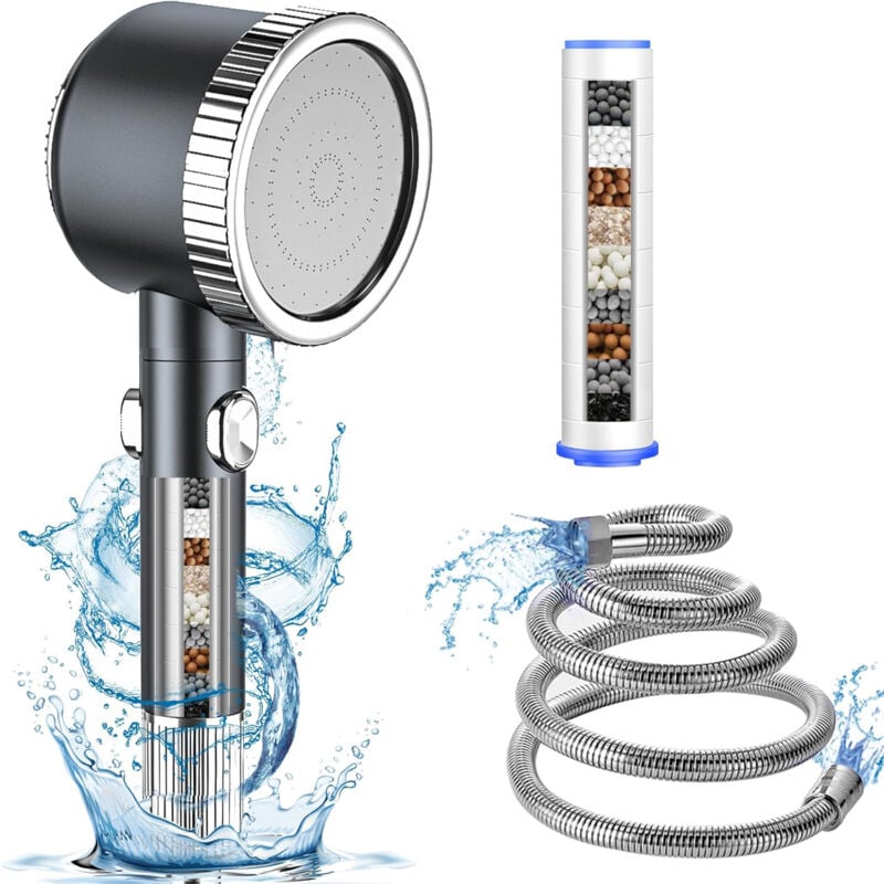 foto del prodotto soffione doccia anticalcare con filtro, doccetta per doccia alta pressione con potente modalit getto, pulsante di arresto dell acqua 1.5cm tubo 