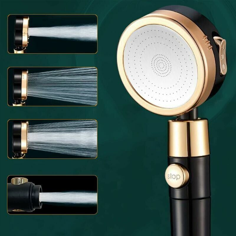 foto del prodotto soffione doccia con aumento della pressione, doccetta portatile a 3 1 getti, alta pressione nera con 1 filtro, arresto dell acqua con una chiave, abs