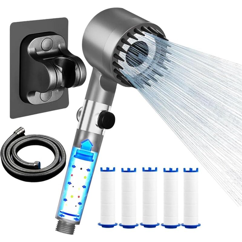 foto del prodotto soffione doccia con tubo flessibile da 1,5 m, supporto e 5 filtri, soffione doccia ad alta pressione, 3 1 tipi di getti, soffione doccia a